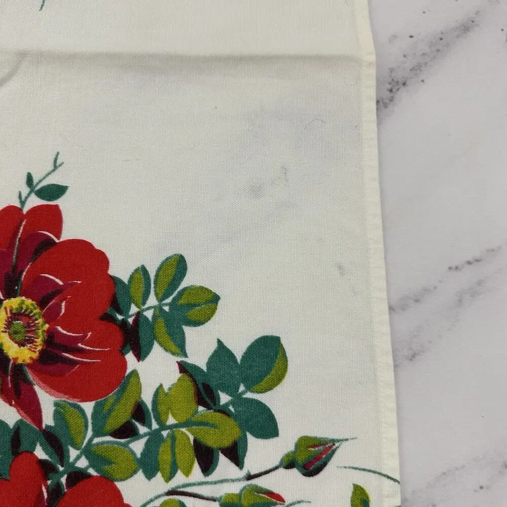 Vintage 60s Square Floral Tablecloth White Red Wild Roses Cotton 31 in Kitchen